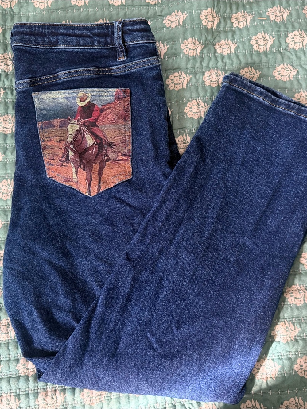 Lucky & Blessed Denim Jeans with Scenic Cowboy Pocket Art